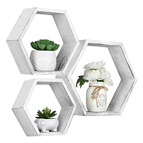 SEHERTIWY Hexagonal Floating Shelves Wall Mounted Set of 3 Wood Farmhouse Storage Honeycomb Wall Shelf for Bathroom, Kitchen, Bedroom, Living Room, Office,Driftwood Finish