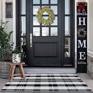 cainanel buffalo plaid outdoor rug black and white check rug 35.4” x 59” cotton hand-woven checkered front welcome door mat indoor/outdoor area rug for front porch,kitchen,entry way,living room