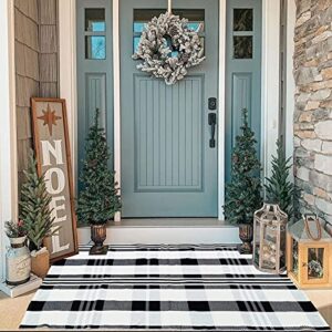 CAINANEL Buffalo Plaid Outdoor Rug Black and White Check Rug 35.4'' x 59'' Cotton Hand-Woven Checkered Front Welcome Door Mat Indoor/Outdoor Area Rug for Front Porch,Kitchen,Entry Way,Living Room