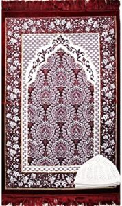 modefa turkish islamic prayer rug – soft & plush velvet praying carpet – traditional muslim prayer mat – muslim janamaz sajada – ramadan or eid gift – with kufi prayer cap – floral ipek (red)