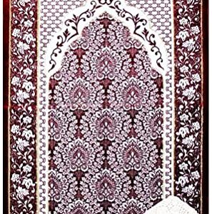 Modefa Turkish Islamic Prayer Rug - Soft & Plush Velvet Praying Carpet - Traditional Muslim Prayer Mat - Muslim Janamaz Sajada - Ramadan or Eid Gift - with Kufi Prayer Cap - Floral Ipek (Red)