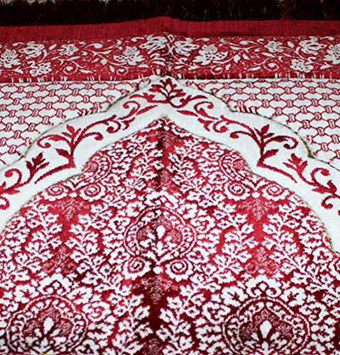 Modefa Turkish Islamic Prayer Rug - Soft & Plush Velvet Praying Carpet - Traditional Muslim Prayer Mat - Muslim Janamaz Sajada - Ramadan or Eid Gift - with Kufi Prayer Cap - Floral Ipek (Red)