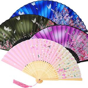 zonon 4 pieces silk handheld floral folding fans hand held fans floral folded fan with tassel women’s hollowed bamboo hand holding fans for wedding gift, party favors, daily use
