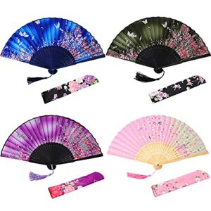 Zonon 4 Pieces Silk Handheld Floral Folding Fans Hand Held Fans Floral Folded Fan with Tassel Women's Hollowed Bamboo Hand Holding Fans for Wedding Gift, Party Favors, Daily Use