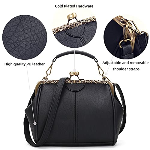 ROUROU Retro Hollow Handbag for Women Leather Shoulder Bag Evening Clutch Bag Kiss Lock Closure Crossbody Bag Purse