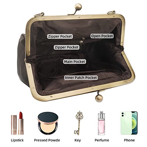 ROUROU Retro Hollow Handbag for Women Leather Shoulder Bag Evening Clutch Bag Kiss Lock Closure Crossbody Bag Purse