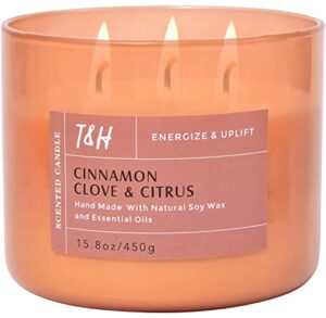 cinnamon clove citrus scented candle with vanilla, ginger & cedarwood | highly scented 3 wick soy candles for home 15.8 oz | large relaxing aromatherapy candle for men & women, natural cinnamon candle