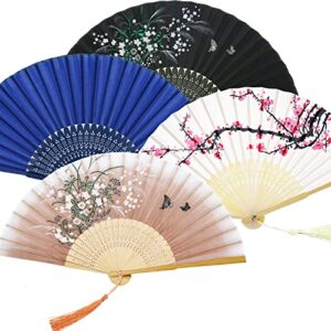 zonon handheld floral folding fans cherry blossom pattern hand held fans silk bamboo fans with tassel women’s hollowed bamboo hand holding fans for women and men (4 pieces)