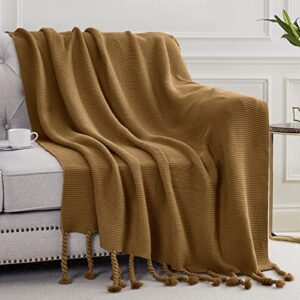 aormenzy brown throw blanket with tassels, knitted throw blanket for couch bed sofa, 50″ x 60″