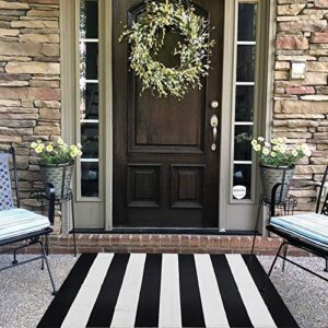 cainanel black and white striped outdoor rug 27.5x 43 inches front door mat hand-woven cotton indoor/outdoor for layered door mats,welcome door mat, front porch,farmhouse,kitchen,entry way
