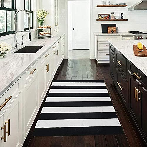 CAINANEL Black and White Striped Outdoor Rug 27.5X 43 inches Front Door Mat Hand-Woven Cotton Indoor/Outdoor for Layered Door Mats,Welcome Door Mat, Front Porch,Farmhouse,Kitchen,Entry Way