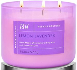 3 wick candle – lemon lavender scented candle with cedar, ylang-ylang & violet – strong candles for home scented – aromatherapy candle 15.8 oz – lavender candle – natural soy candles for men & women