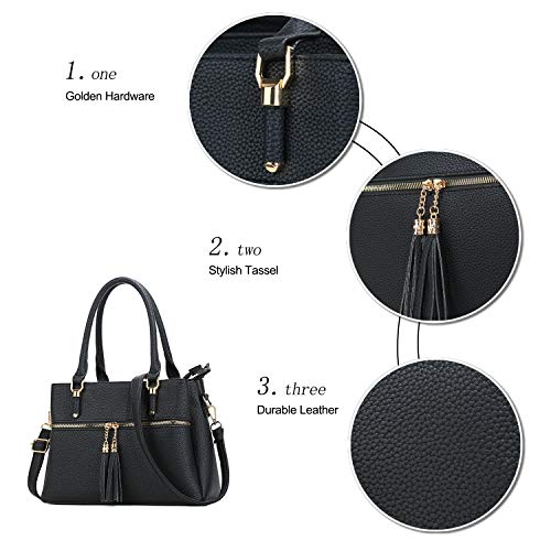 KKXIU Triple Compartment Purses and Handbags for Women Top Handle Satchel Shoulder Ladies Bags with Tassel (D-BLACK)