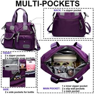 Women Lightweight Nylon Tote Bag Multiple Pockets Top Handle Handbag Ladies Purse Work Totes Travel Crossbody Shoulder Bag (Purple)