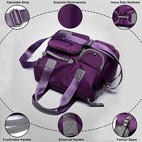 Women Lightweight Nylon Tote Bag Multiple Pockets Top Handle Handbag Ladies Purse Work Totes Travel Crossbody Shoulder Bag (Purple)