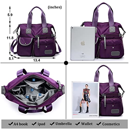 Women Lightweight Nylon Tote Bag Multiple Pockets Top Handle Handbag Ladies Purse Work Totes Travel Crossbody Shoulder Bag (Purple)