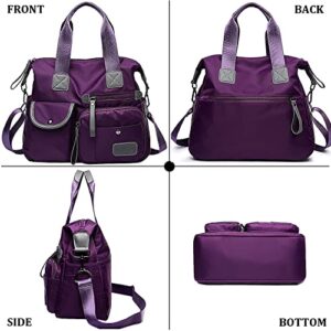 Women Lightweight Nylon Tote Bag Multiple Pockets Top Handle Handbag Ladies Purse Work Totes Travel Crossbody Shoulder Bag (Purple)