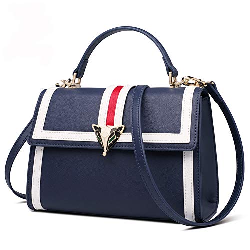 Leather Crossbody Bags for Women, Genuine Leather Mix Color Design Ladies Fashion Satchel Handbag with Adjustable Shoulder Strap Womens Casual Top Handle Bag Women's Messenger Purse and Handbag (Blue)