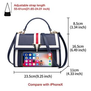 Leather Crossbody Bags for Women, Genuine Leather Mix Color Design Ladies Fashion Satchel Handbag with Adjustable Shoulder Strap Womens Casual Top Handle Bag Women's Messenger Purse and Handbag (Blue)