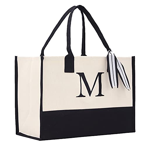 VANESSA ROSELLA Monogram Tote Bag with 100% Cotton Canvas and a Chic Personalized Monogram (Black Block Letter - M)