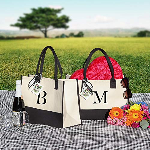 VANESSA ROSELLA Monogram Tote Bag with 100% Cotton Canvas and a Chic Personalized Monogram (Black Block Letter - M)