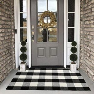 buffalo plaid check rug – 27.5”x43” cotton hand-woven indoor/outdoor area rugs for layered door mats washable carpet for porch/kitchen/farmhouse black/white