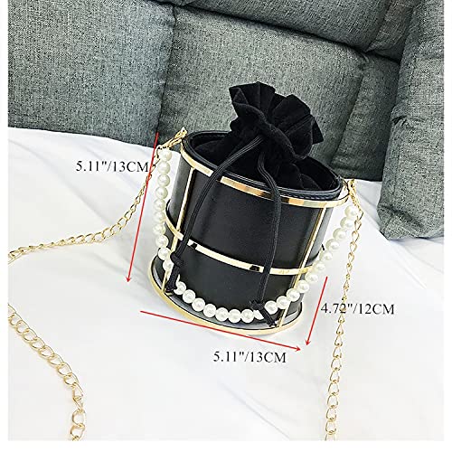 Women Evening Bags Black Clutch Purse Pearl Top-Handle Metal Bucket Party Bag Chic Purses Wedding Handbags