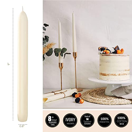 SPAAS Ivory Tapered Candles Pack of 14 - 9 Inch Tall for Candlesticks, Unscented Premium Wax - 8 Hour Long Burning for Home Decoration, Wedding, Holiday and Parties