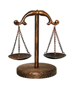 owlgift vintage style metal libra jewelry tower tray w/wooden base cosmetic organizer storage, lawyer scale of justice, farmhouse candleholder, home décor antique weight balancing scale – bronze