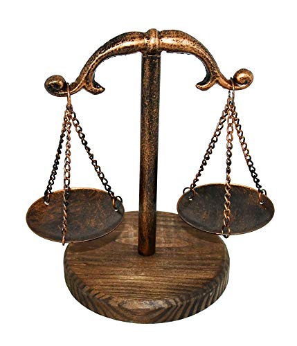 Owlgift Vintage Style Metal Libra Jewelry Tower Tray w/Wooden Base Cosmetic Organizer Storage, Lawyer Scale of Justice, Farmhouse Candleholder, Home Décor Antique Weight Balancing Scale – Bronze