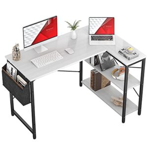 homieasy small l shaped computer desk, 47 inch l-shaped corner desk with reversible storage shelves for home office workstation, modern simple style writing desk table with storage bag(white)