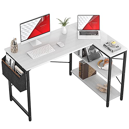 Homieasy Small L Shaped Computer Desk, 47 Inch L-Shaped Corner Desk with Reversible Storage Shelves for Home Office Workstation, Modern Simple Style Writing Desk Table with Storage Bag(White)