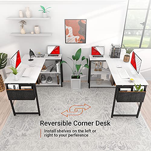 Homieasy Small L Shaped Computer Desk, 47 Inch L-Shaped Corner Desk with Reversible Storage Shelves for Home Office Workstation, Modern Simple Style Writing Desk Table with Storage Bag(White)