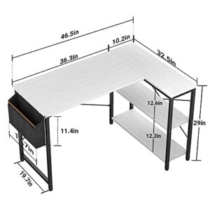 Homieasy Small L Shaped Computer Desk, 47 Inch L-Shaped Corner Desk with Reversible Storage Shelves for Home Office Workstation, Modern Simple Style Writing Desk Table with Storage Bag(White)