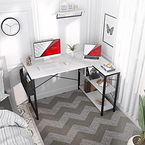 Homieasy Small L Shaped Computer Desk, 47 Inch L-Shaped Corner Desk with Reversible Storage Shelves for Home Office Workstation, Modern Simple Style Writing Desk Table with Storage Bag(White)