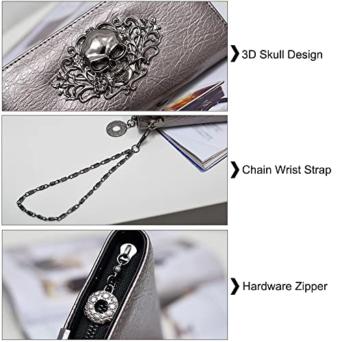 Downupdown Skull Wallets for Women Zipper Wallet Shiny Faux Leather Clutch Handbags Chian Wristlets Bag Card Pockets Long Cion Purse-Black