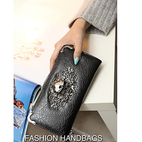 Downupdown Skull Wallets for Women Zipper Wallet Shiny Faux Leather Clutch Handbags Chian Wristlets Bag Card Pockets Long Cion Purse-Black