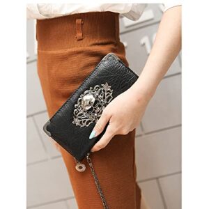 Downupdown Skull Wallets for Women Zipper Wallet Shiny Faux Leather Clutch Handbags Chian Wristlets Bag Card Pockets Long Cion Purse-Black