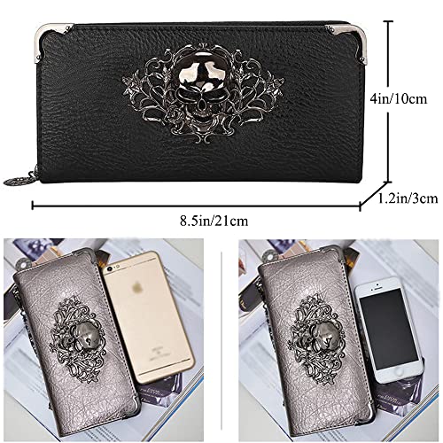 Downupdown Skull Wallets for Women Zipper Wallet Shiny Faux Leather Clutch Handbags Chian Wristlets Bag Card Pockets Long Cion Purse-Black