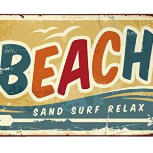 AOYEGO Beach Tin Sign,Wave Bird Fly Ocean Fun Arrow Sand Surf Relax Vintage Metal Tin Signs for Cafes Bars Pubs Shop Wall Decorative Funny Retro Signs for Men Women 8x12 Inch