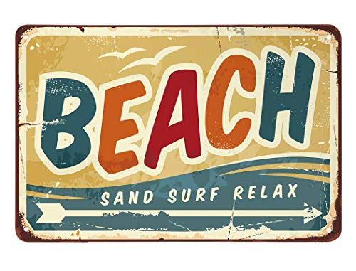 AOYEGO Beach Tin Sign,Wave Bird Fly Ocean Fun Arrow Sand Surf Relax Vintage Metal Tin Signs for Cafes Bars Pubs Shop Wall Decorative Funny Retro Signs for Men Women 8x12 Inch