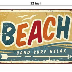 AOYEGO Beach Tin Sign,Wave Bird Fly Ocean Fun Arrow Sand Surf Relax Vintage Metal Tin Signs for Cafes Bars Pubs Shop Wall Decorative Funny Retro Signs for Men Women 8x12 Inch