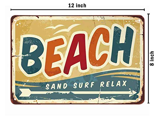 AOYEGO Beach Tin Sign,Wave Bird Fly Ocean Fun Arrow Sand Surf Relax Vintage Metal Tin Signs for Cafes Bars Pubs Shop Wall Decorative Funny Retro Signs for Men Women 8x12 Inch