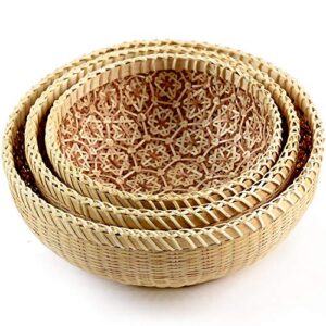 equeen handicraft bamboo round wicker baskets for organizing, wall basket decor, extra large wicker basket & small baskets for organizing, boho baskets for storage, offering baskets for church, 3pcs
