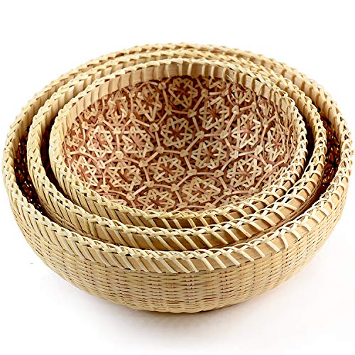 EQUEEN HANDICRAFT Bamboo Round Wicker Baskets for organizing, Wall Basket Decor, Extra Large Wicker Basket & Small Baskets for organizing, Boho Baskets for Storage, offering Baskets for Church, 3Pcs
