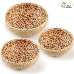 EQUEEN HANDICRAFT Bamboo Round Wicker Baskets for organizing, Wall Basket Decor, Extra Large Wicker Basket & Small Baskets for organizing, Boho Baskets for Storage, offering Baskets for Church, 3Pcs