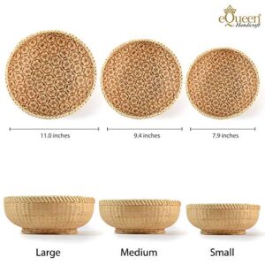 EQUEEN HANDICRAFT Bamboo Round Wicker Baskets for organizing, Wall Basket Decor, Extra Large Wicker Basket & Small Baskets for organizing, Boho Baskets for Storage, offering Baskets for Church, 3Pcs