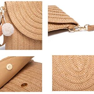 Straw Shoulder Bag Straw Clutch Women Hand-woven Straw Crossbody Bag Summer Beach Envelope Purse Wallet Khaki