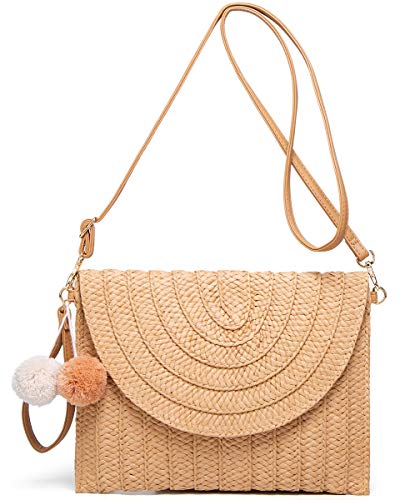 Straw Shoulder Bag Straw Clutch Women Hand-woven Straw Crossbody Bag Summer Beach Envelope Purse Wallet Khaki