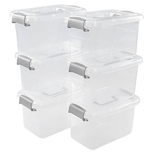 Jandson 5 Quart Clear Storage Bin, Latching Box Container with Grey Handle, 6 Packs